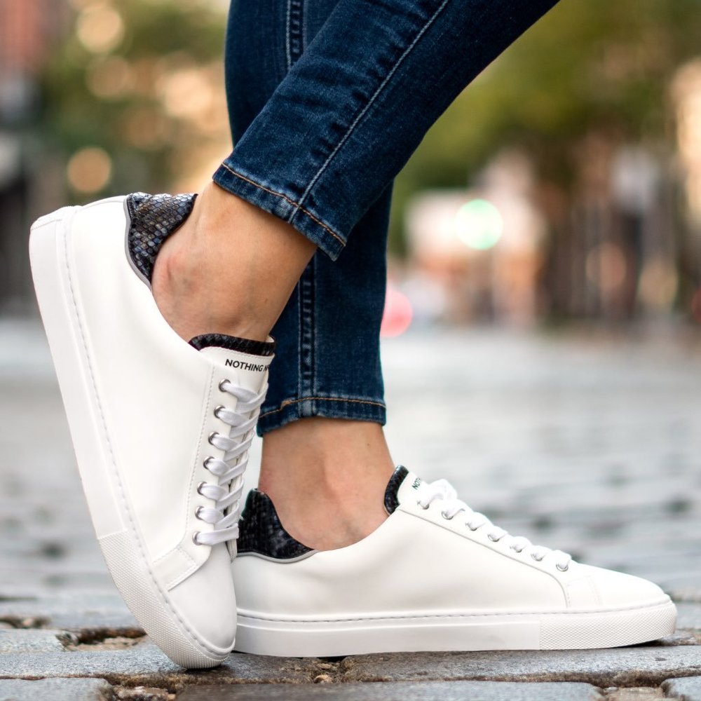Nothing New white with black snakeskin detail sneakers
